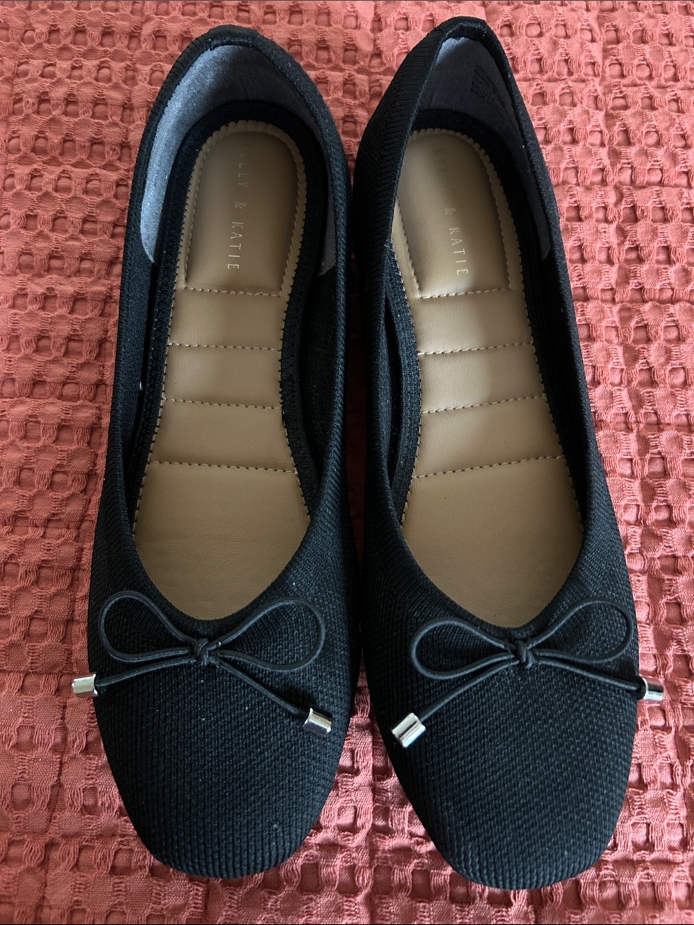 Black Textured Ballet Flats with Bow Accent